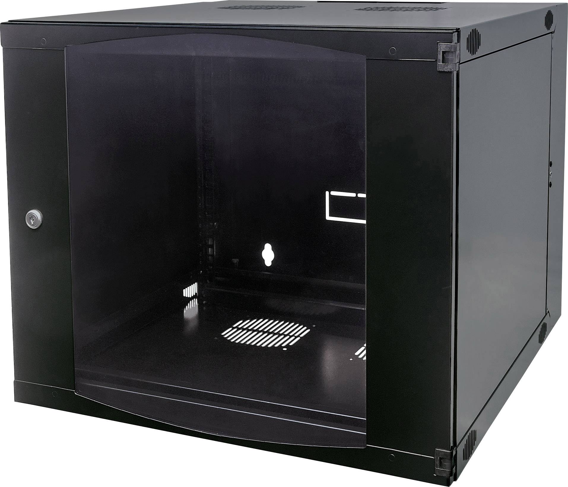 Een zwarte wandverdeler met glazen deur, open binnenruimte, geschikt voor het monteren van netwerkapparatuur zoals switches of servers.