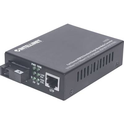Een zwarte mediaconverter met het opschrift 'Intellinet' en aansluitingen voor glasvezel en UTP-kabel. Indicatorlampjes voor voeding en verbindingen zijn zichtbaar.