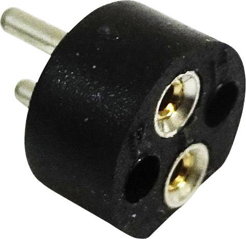 Een zwarte elektrische stekker met twee gouden contacten en drie aansluitpunten, vervaardigd uit kunststof.