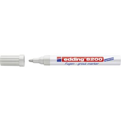 De 'edding 8200 voegenstift' met witte dop en punt zichtbaar. Hij is bedoeld voor het overschilderen van voegen, met een rood, blauw en wit etiket.