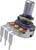 Een metalen potentiometer met vier aansluitingen, die in elektronische schakelingen wordt gebruikt voor het regelen van spanning of stroom.