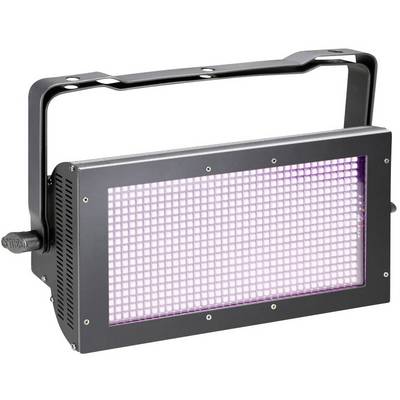 Een zwart podiumlichtapparaat met een rechthoekig wit raster dat vooraan roze oplicht. Het is gemonteerd voor verlichting.