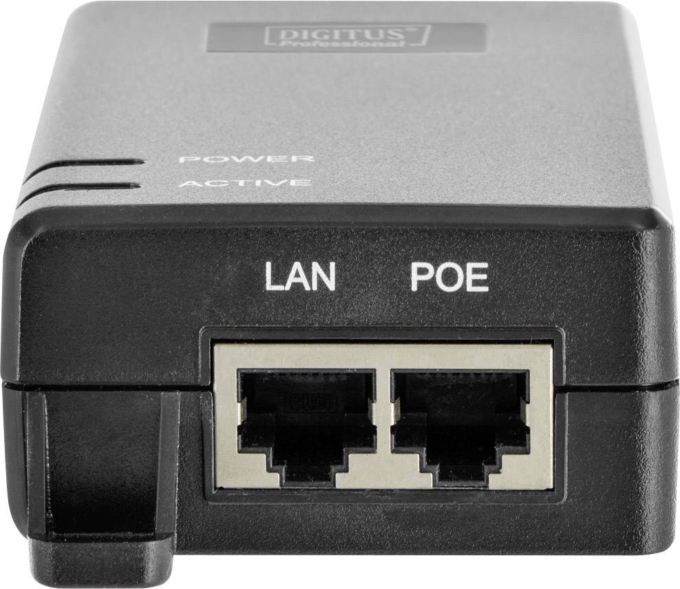 Een zwarte PoE-injector toont twee Ethernet-aansluitingen met de labels 'LAN' en 'POE'. Bovenaan bevinden zich LED's voor 'Power' en 'Active'.