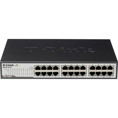 'D-Link Gigabit Switch, Model DGS-1024D, met 24 Ethernet-poorten. Vooraan LED's voor poortactiviteit. Zwarte behuizing.'