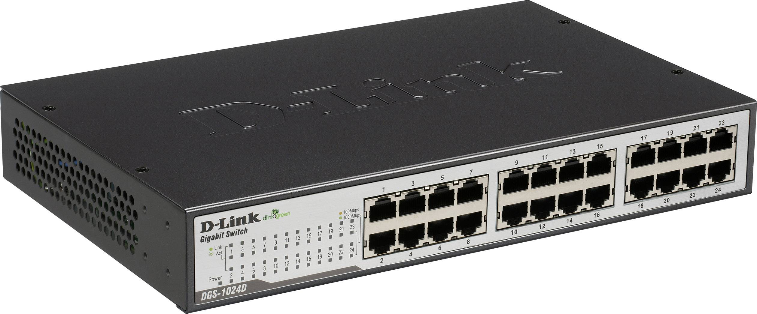 Een zwarte D-Link Gigabit Switch met 24 Ethernet-poorten; Model DGS-1024D.