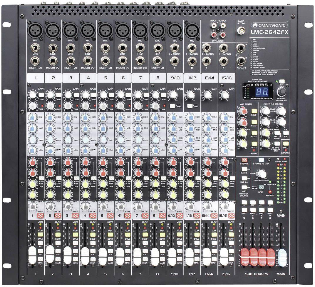 Audiomixer, Omnitronic LMC-2642FX, met meerdere kanalen, draai- en schuifregels voor geluidsbesturing, geschikt voor muziekmixing.