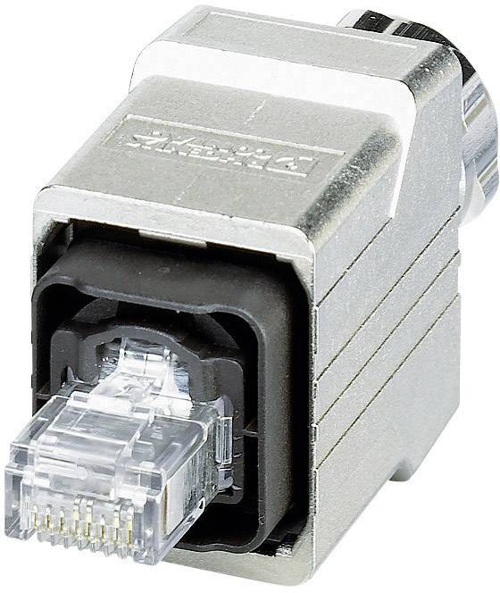 Een Ethernet-stekker in een zilveren behuizing, klaar om aangesloten te worden op een netwerktoestel.