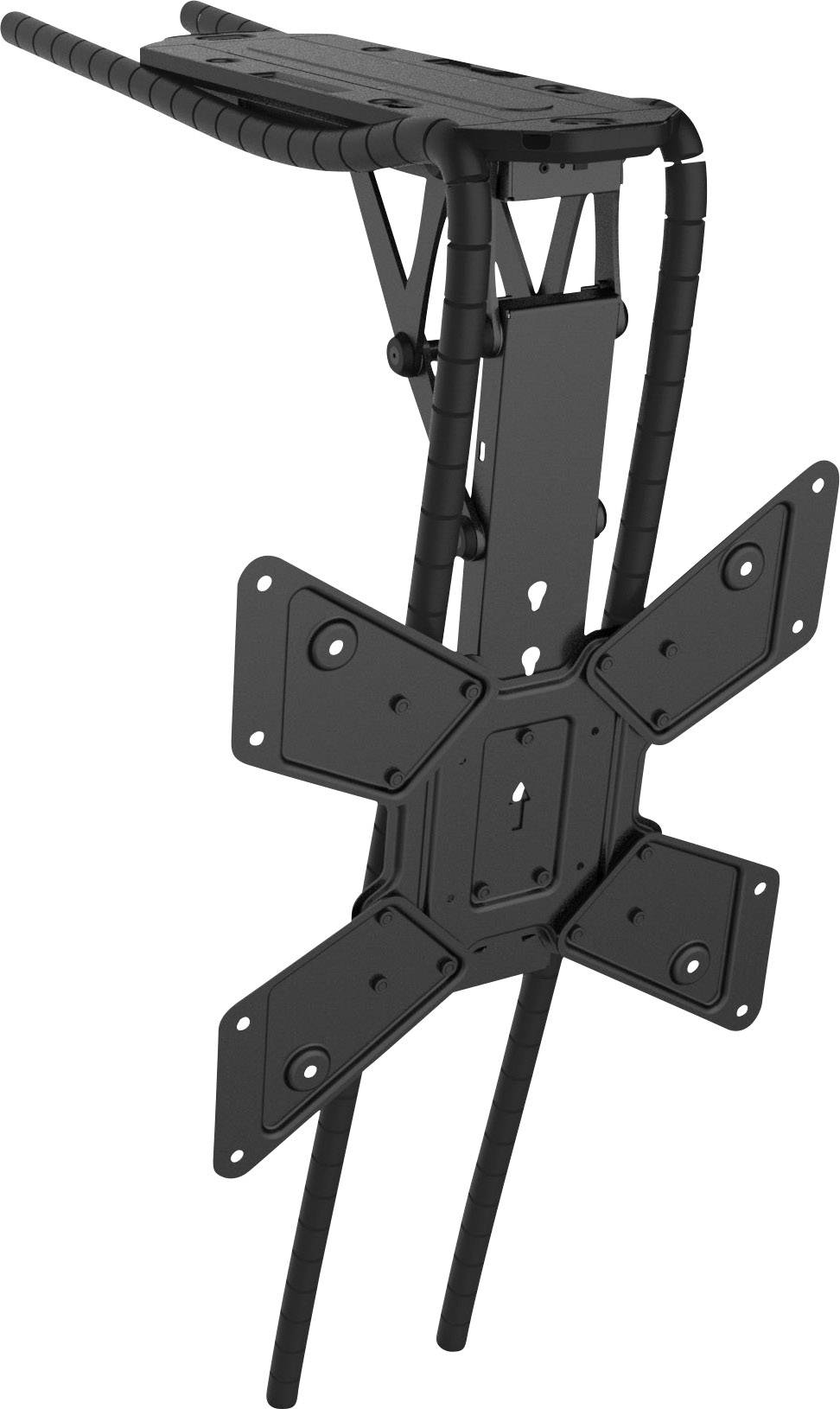 Een zwarte fietsendrager met een adapterplaat voor montage op een fietsframe. Geschikt voor het vervoeren van bagage.