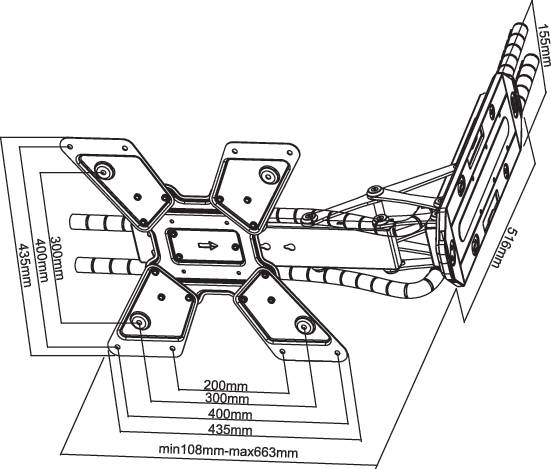 Technische tekening van een verstelbare beugel met afmetingen: breedte 100-435 mm, diepte 108-663 mm, hoogte 298-475 mm.