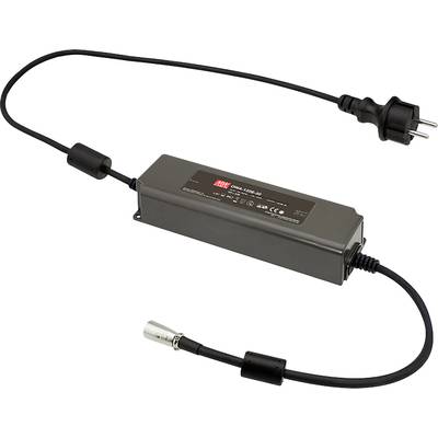 Zwart voedingsadapter met netstekker en stroomkabel. Rechthoekige behuizing met verschillende technische specificaties bedrukt.