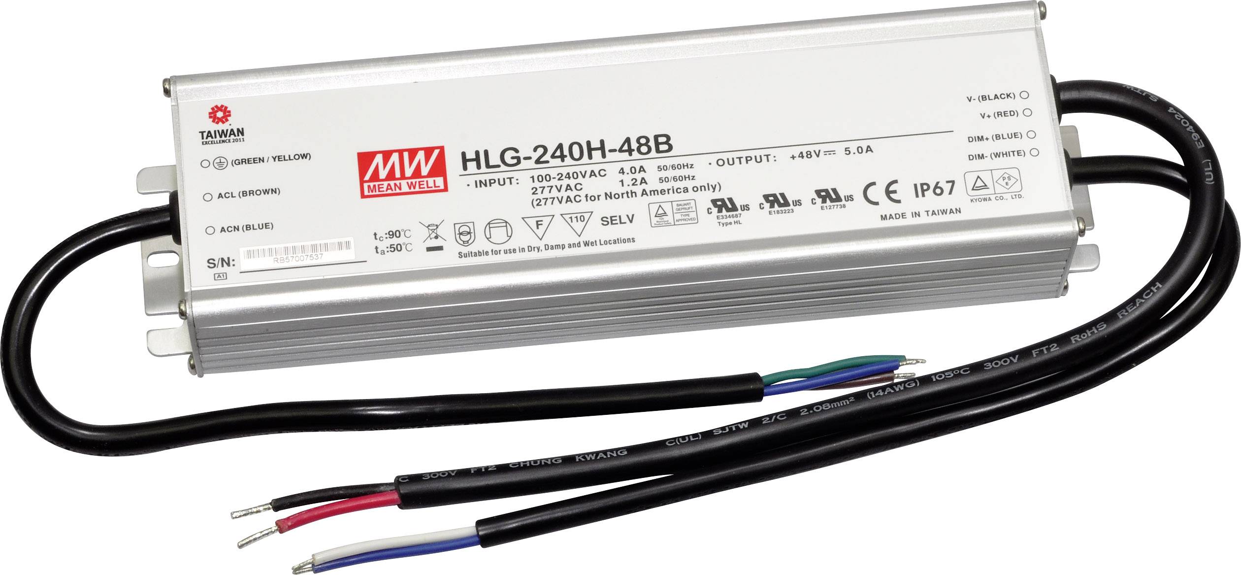 Elektrische LED-driver met metalen behuizing, modelnummer 'HLG-240H-48B', kabel voor aansluiting op stroombron en LED-verlichting.