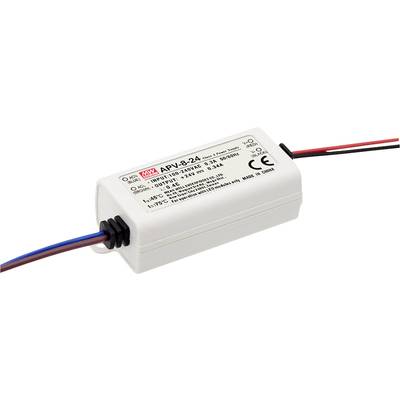 Een rechthoekige voeding met gemerkt behuizing, rood en blauw snoer. Geschikt voor elektrische apparaten. CE-gecertificeerd.