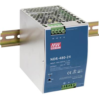 Industrieel voedingsapparaat gemonteerd op DIN-rail. Label toont 'Mean Well NDR-480-24', invoer: 100-240VAC, uitvoer: 24V 20A.