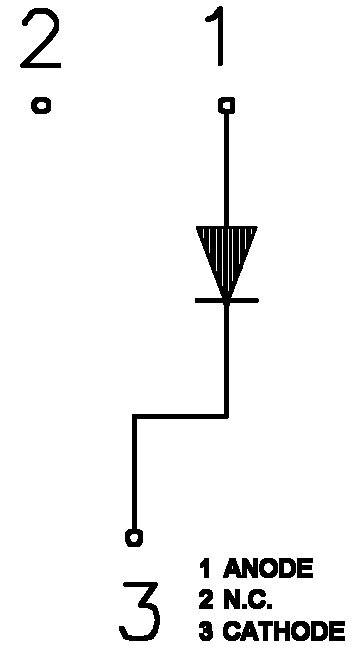 Diagram van een halfgeleiderapparaat (diode) met drie aansluitingen: '1 Anode', '2 geen verbinding', '3 Kathode'.