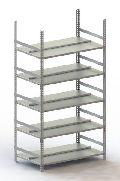 Een zesdelig metalen rek dat momenteel leeg is. Het vertoont een solide en stabiele constructie, geschikt voor opslag- of werkplaatsdoeleinden.