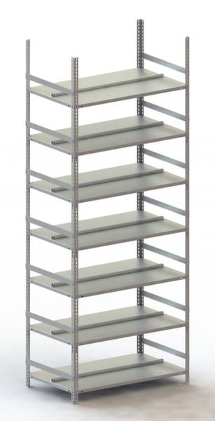 Metalen rek met acht niveaus, leeg. Geschikt voor opslag van voorwerpen in magazijnen of werkplaatsen.