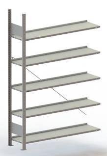 Metalen rek met zes lege, gelijkmatige schappen, aan de muur bevestigd.