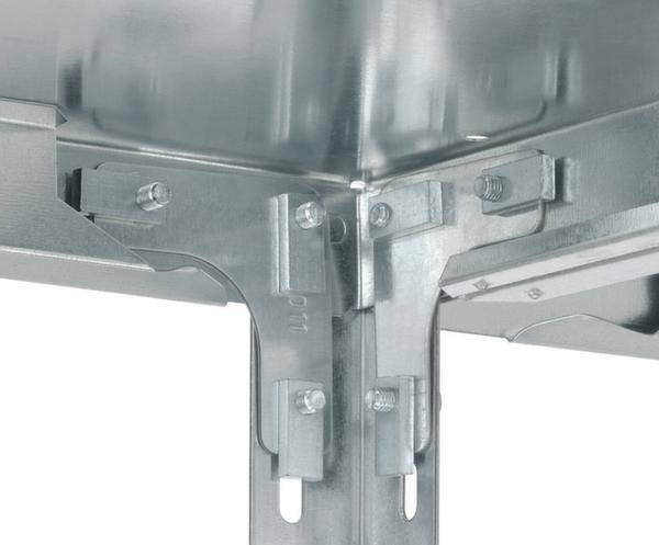Metalen hoekverbinding voor een rek, toont stabiele schroefbevestigingen en solide constructie.