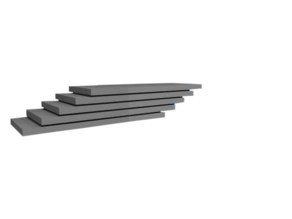 Grijze, rechthoekige treden op een witte achtergrond, die naar rechts oplopen. Symboliseert vooruitgang of hiërarchie.