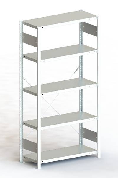 Een stabiel, wit metalen rek met vijf open schappen. Ideaal voor opslag in werkplaatsen, magazijnen of kantoren.