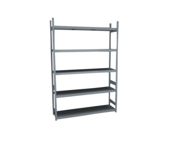 Metalen rek met vijf planken, leeg, staand voor een witte achtergrond.