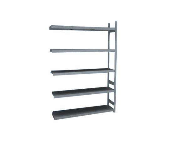 Eenvoudige grijze metalen stellingkast met vijf open schappen, van links naar rechts trapsgewijs geplaatst, zonder zichtbare inhoud of decoraties.