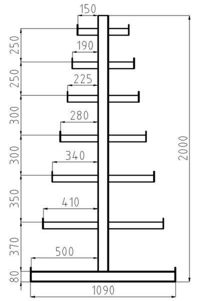Technische tekening van een verticaal rek. Afmetingen: hoogte 2000 mm, breedte 1090 mm. Lange rekplanken met tussenruimtes van 150 tot 500 mm.