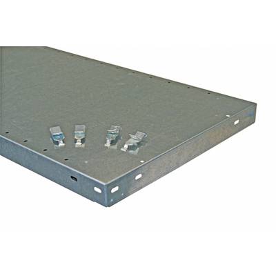 Een metalen plankdrager met vier metalen clips erop, voor een witte achtergrond. De clips liggen naast elkaar op het oppervlak.