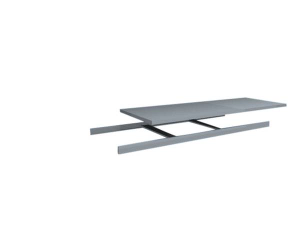 Een moderne, rechthoekige salontafel met uittrekbaar blad en slanke grijze metalen poten, zwevend boven de vloer.