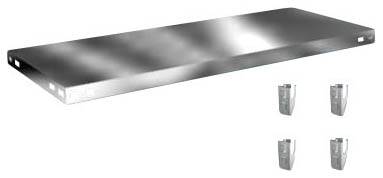 Metalen schap met zilveren oppervlak, getoond met vier bevestigingshoeken. Geschikt voor montage in rekensystemen.