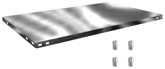 Een rechthoekig, zilver metalen plankje met vier afgeronde hoeken. Ernaast vier zilverkleurige metalen beugels.