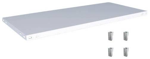 Een rechthoekig, wit plankje met afgeronde randen, geleverd met vier metalen bevestigingsbeugels voor wandmontage.