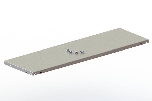 Een rechthoekige metalen plaat met vijf kleine schroeven erop, voor een witte achtergrond.