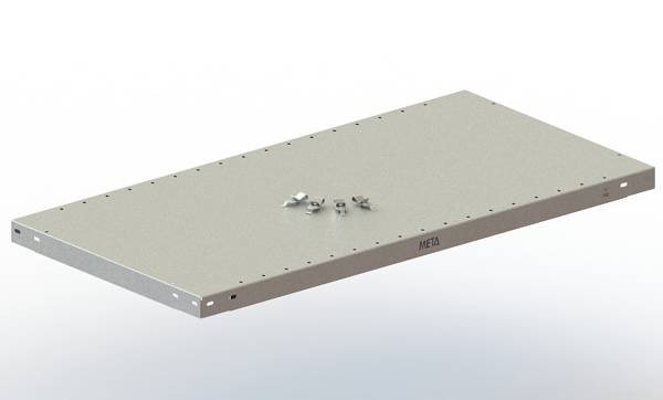 Een rechthoekig metalen schap met schroeven en bouten in het midden. Het heeft de opdruk 'META' aan de zijkant.
