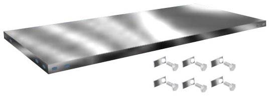 Metalen plank met zilveren afwerking en zes bevestigingsbeugels voor wandmontage. Ideaal voor gebruik in werkplaatsen of garages.