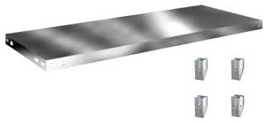 Metalen opslagplank met vier bevestigingsbeugels, geschikt voor flexibele uitbreiding van opslagsystemen.