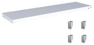 Een zilveren metalen plank en vier grijze beugels zijn afgebeeld. Samen vormen zij een wandplank.