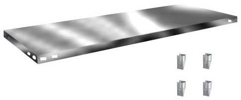 Metalen schap met vier bevestigingsklemmen aan de rechterkant. Geschikt voor opslag- of werkplaatsruimtes.