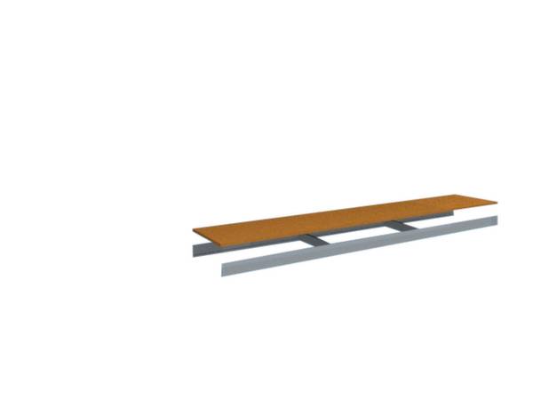 Een bruine, rechthoekige plank met grijze metalen steunen op een witte achtergrond.