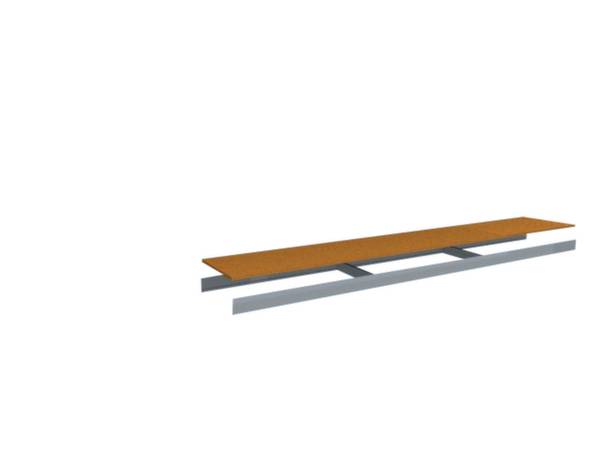'Illustratie van een eenvoudige houten plank die rust op twee metalen steunen.'