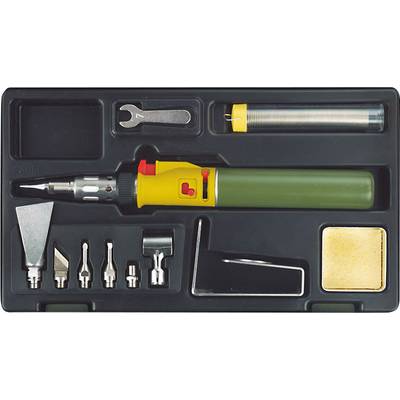 Soldeerbout-set met verschillende opzetstukken en toebehoren in een zwarte doos. Ideaal voor elektronische werkzaamheden en reparaties.