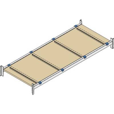 Schema van een rechthoekig, modulair opslagsysteem met drie verstelbare legplanken en blauwe verbindingselementen.