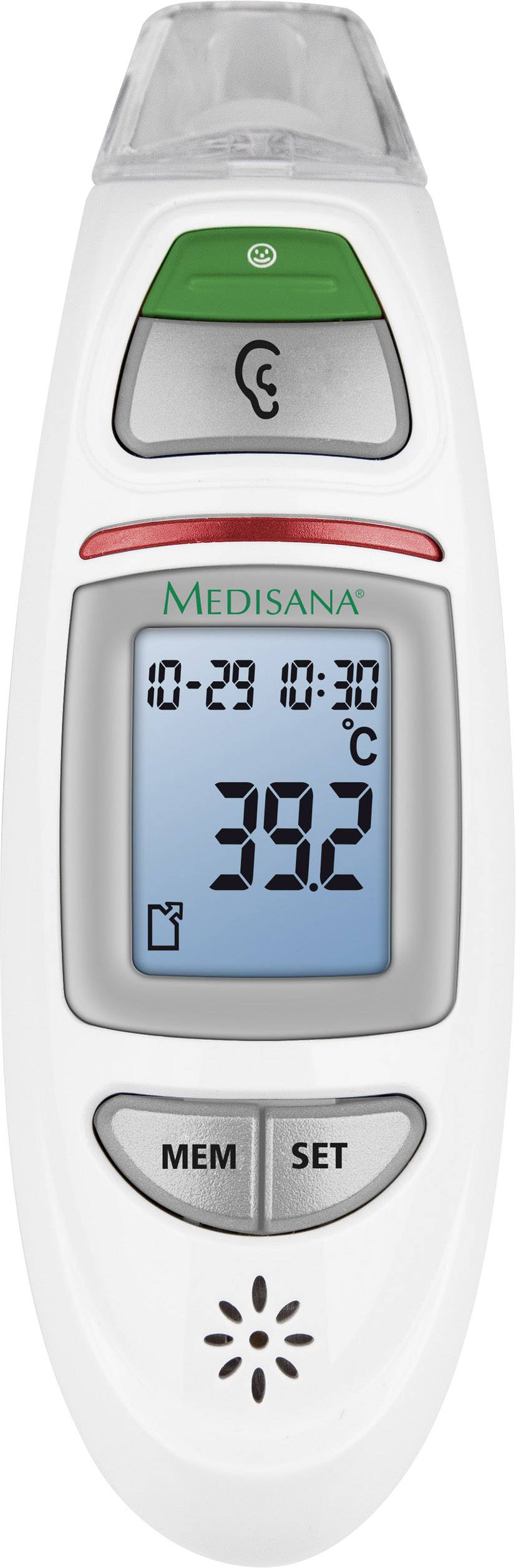 Een digitale thermometer toont een temperatuur van 39,2°C. Bovenaan zijn groene en rode toetsen evenals een luidspreker-toets zichtbaar.
