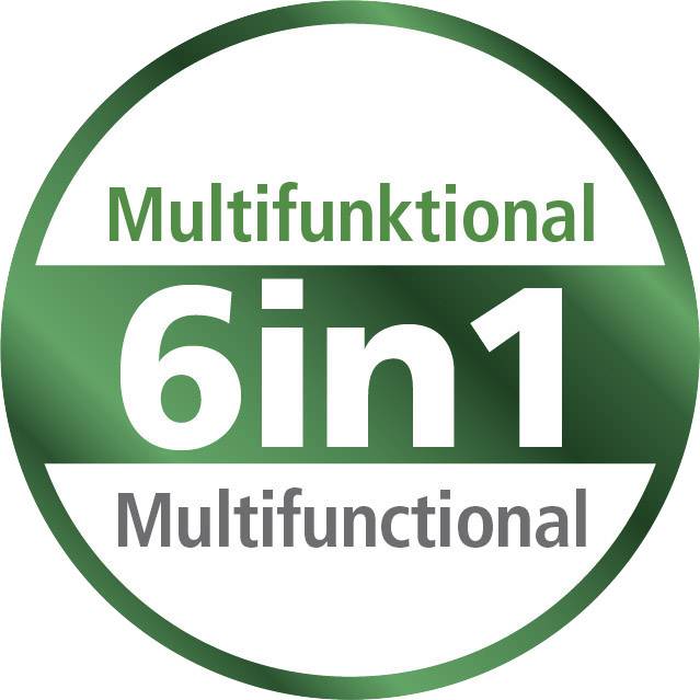 'Multifunctioneel 6-in-1' staat in een groene cirkel.