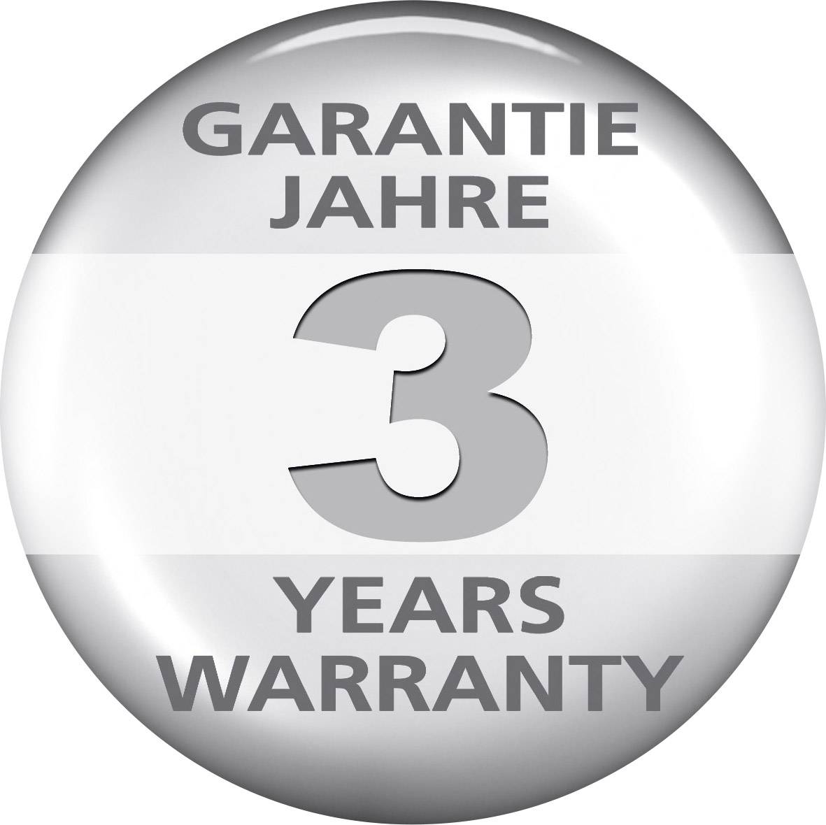 '3 jaar garantie' staat in grote letters op een rond etiket.
