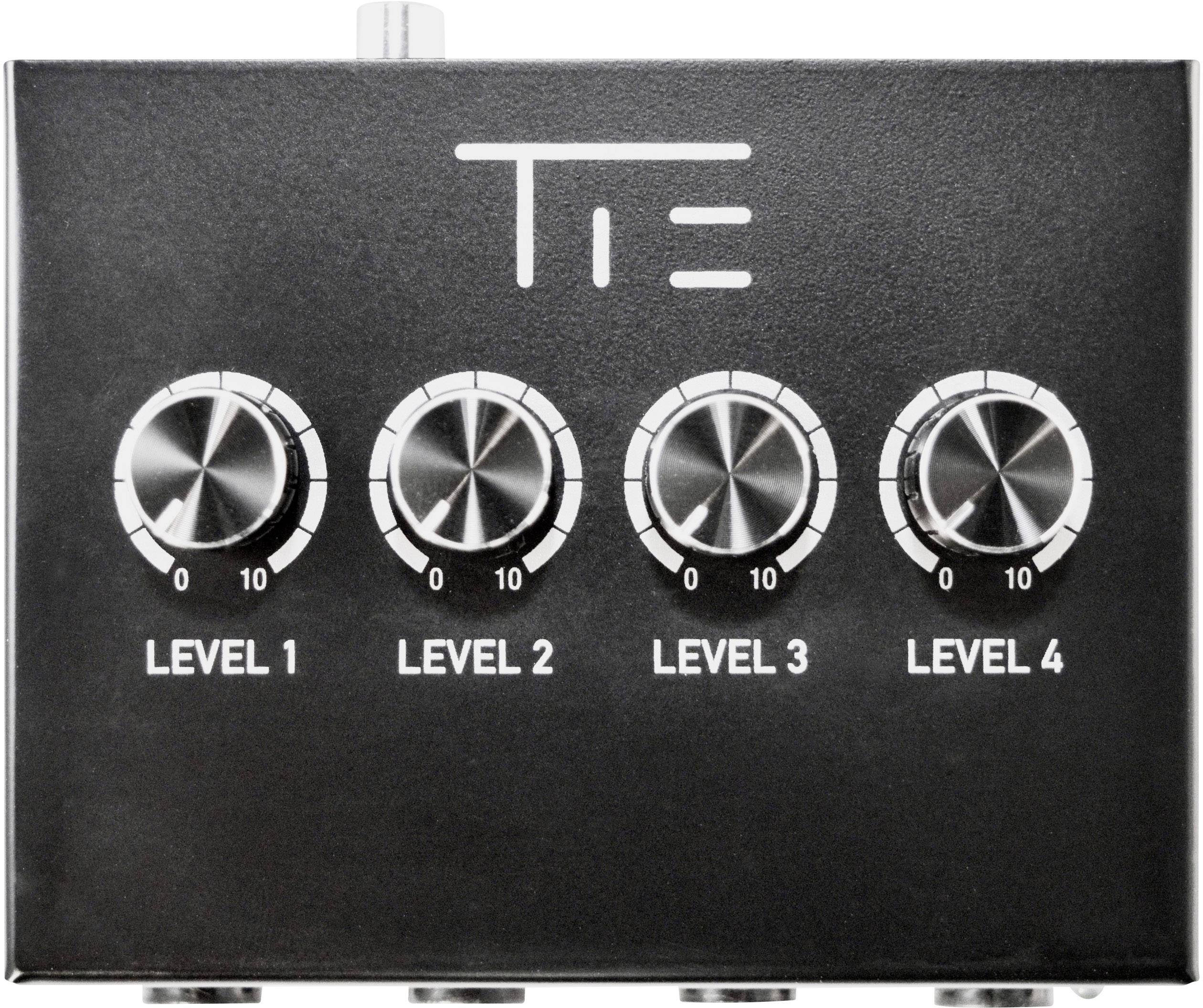 Zwart audioapparaat met vier draaiknoppen, gelabeld van 'Level 1' tot 'Level 4'. Alle knoppen staan op niveau 0.