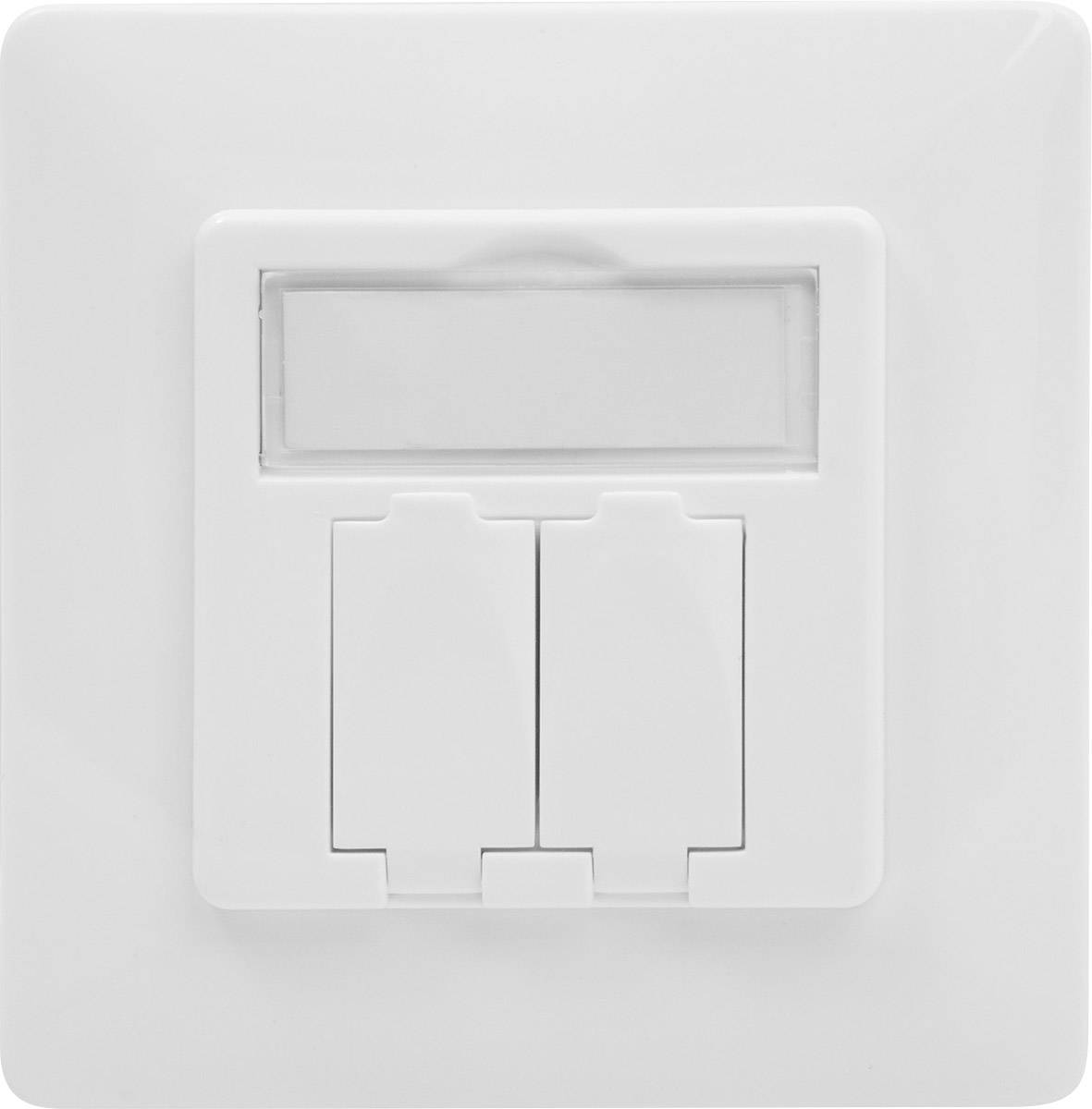 Een witte lichtschakelaar met twee schakelaars in het midden, omgeven door een rechthoekig frame.