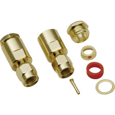 Twee gouden coaxiale stekkers en verschillende afzonderlijke onderdelen zoals moeren en ringen die nodig zijn voor de montage.