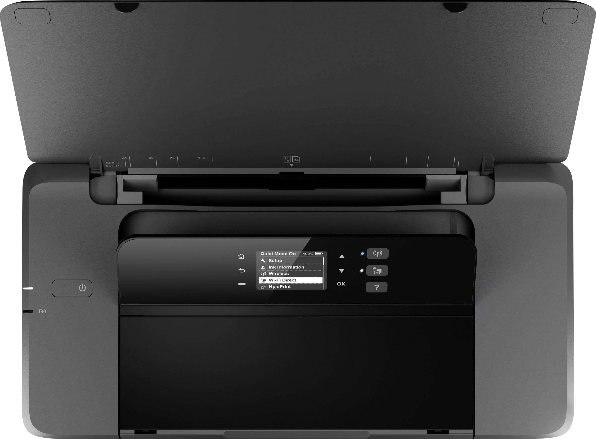 Een gesloten printer met bedieningspaneel en weergave van menuopties.