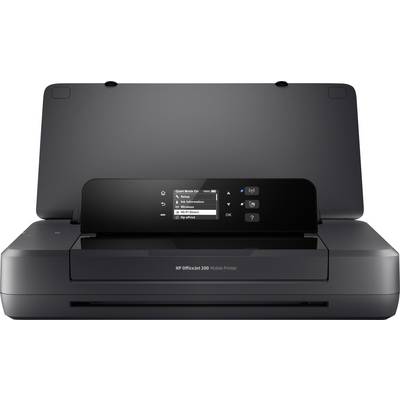Een mobiele printer met geopende papierinvoer. Een display toont selectiemogelijkheden: 'Instellingen', 'Draadloos', 'HP Wi-Fi Direct'.